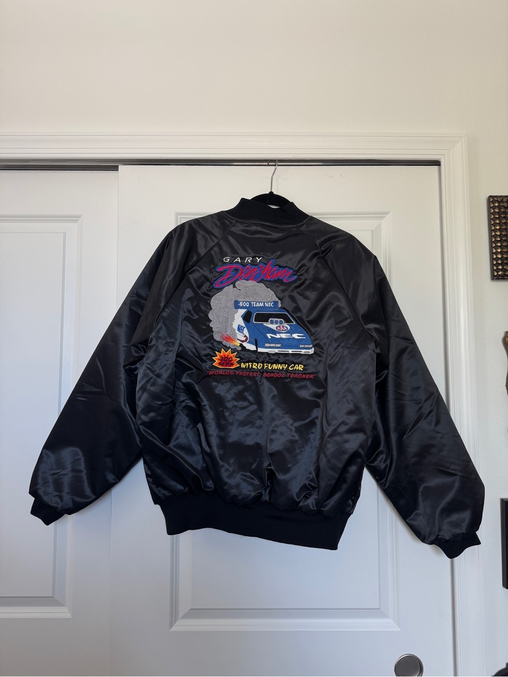 Gary Densham Nitro Funny Car Black Satin Bomber Jacket, World’s Fast School Teac